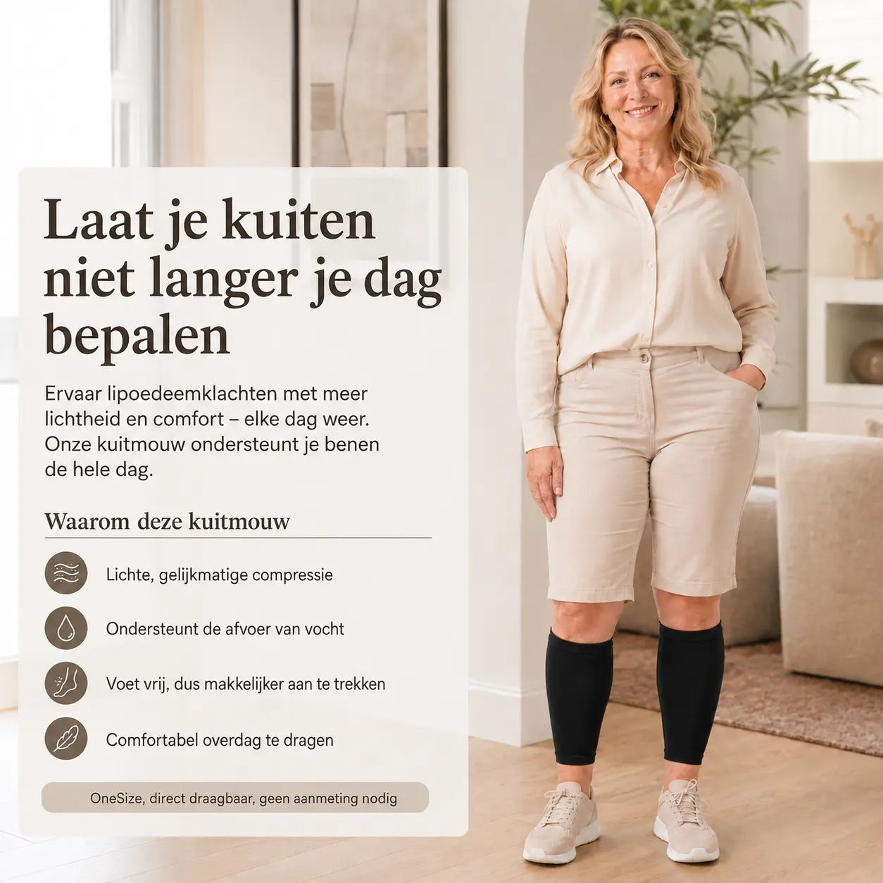Kuitmouw lipoedeem, dagelijks te dragen compressie voor de kuit